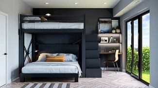 L-Shaped Bunk Bed with Desk, Integrated Stairs, Matte Black Metal
