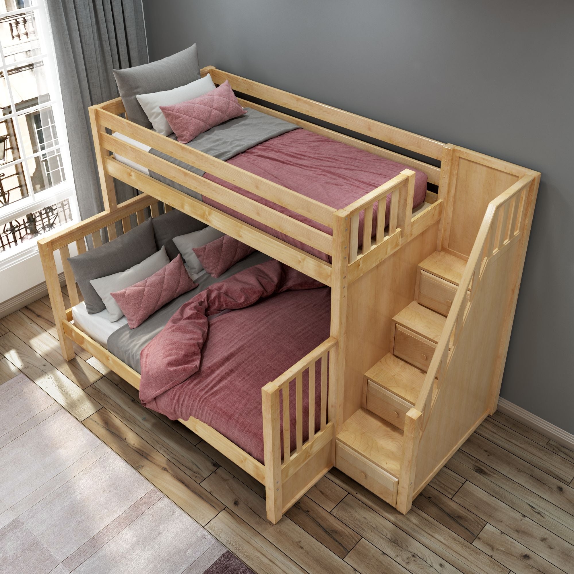 Large Scale Bunk Bed with Staircase Drawers, Natural Wood Finish