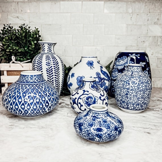 Lattice Vase Set Geometric Eclectic Blue Willow Decor