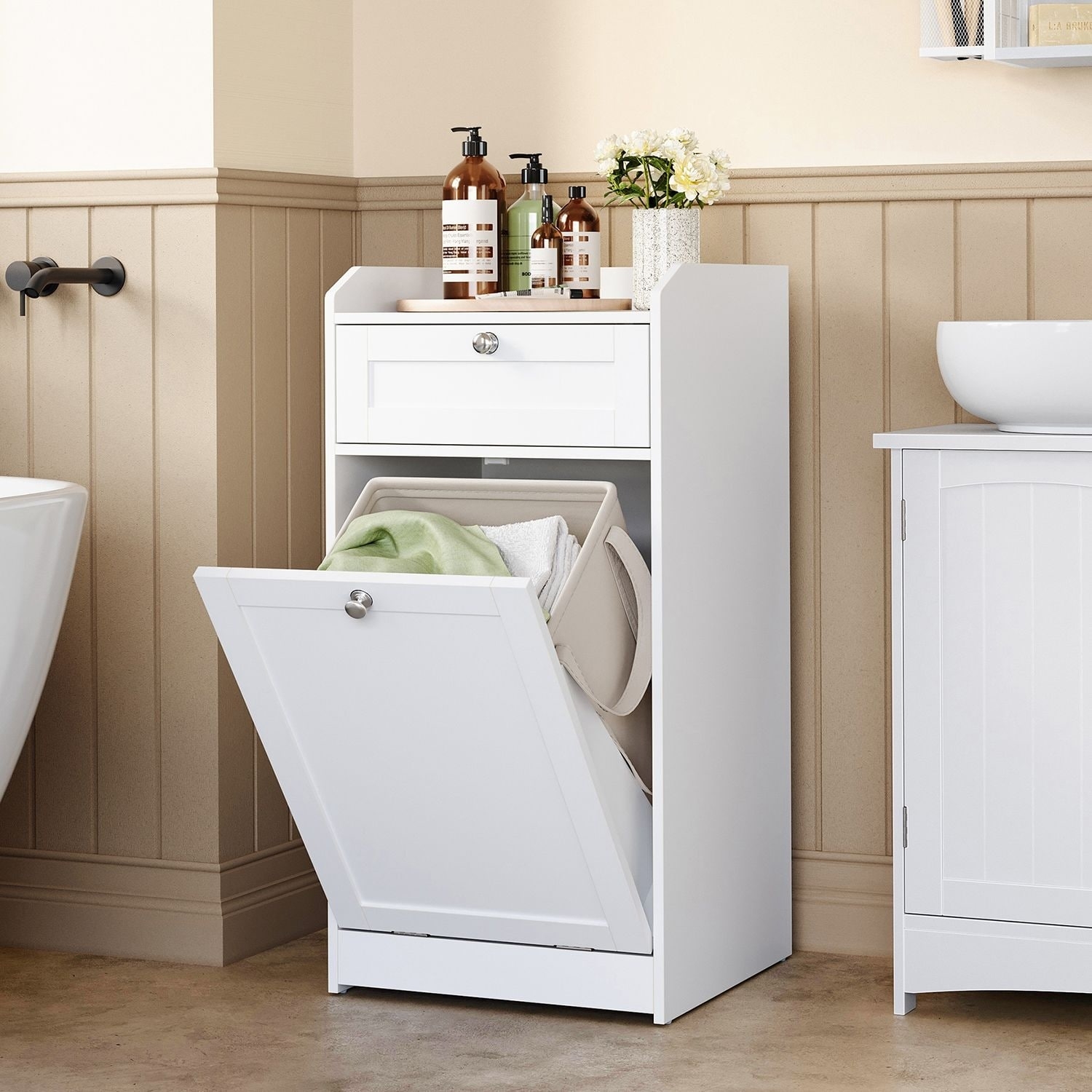 Laundry Hamper Cabinet: Integrated Drawer White Removable Bag