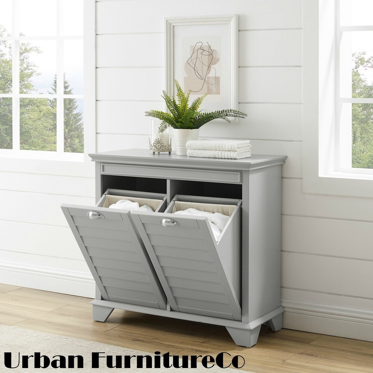 Laundry Hamper Cabinet: Light Gray Louvered Fronts Sorter