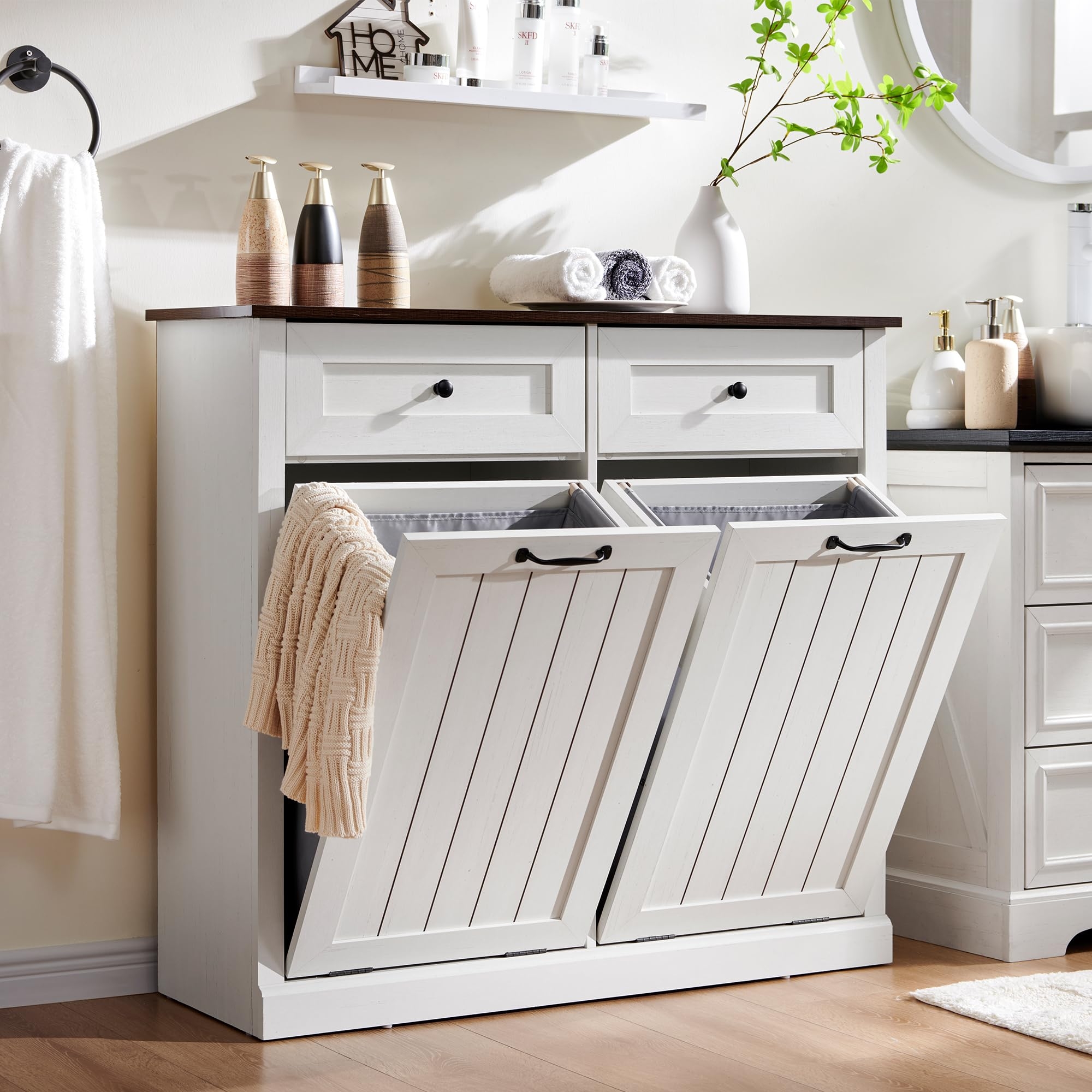 Laundry Hamper Cabinet: Slatted Front Dual Drawers Wood Top