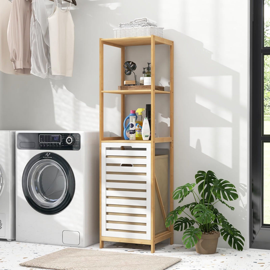 Laundry Hamper Cabinet: Vertical Storage Slatted Front Station