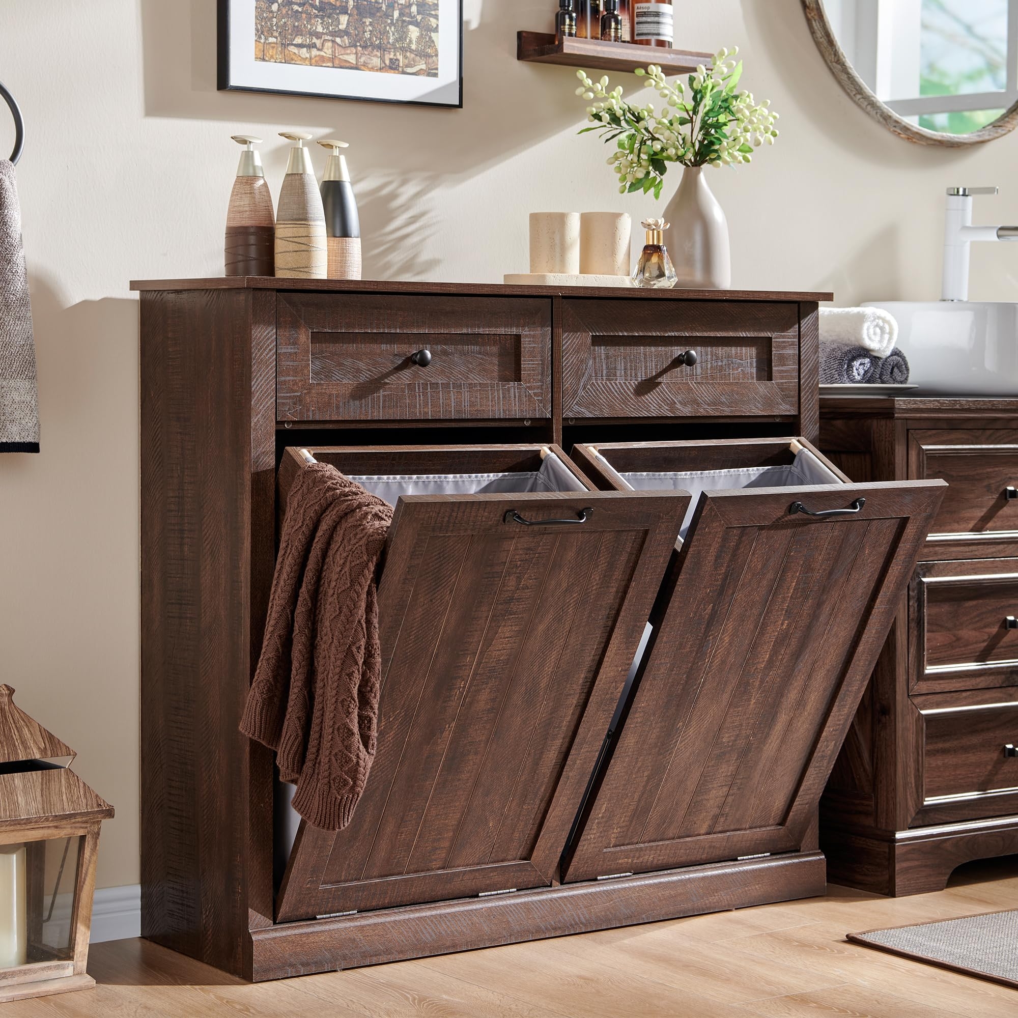 Laundry Hamper Cabinet: Walnut Brown Hidden Waste Storage Bin