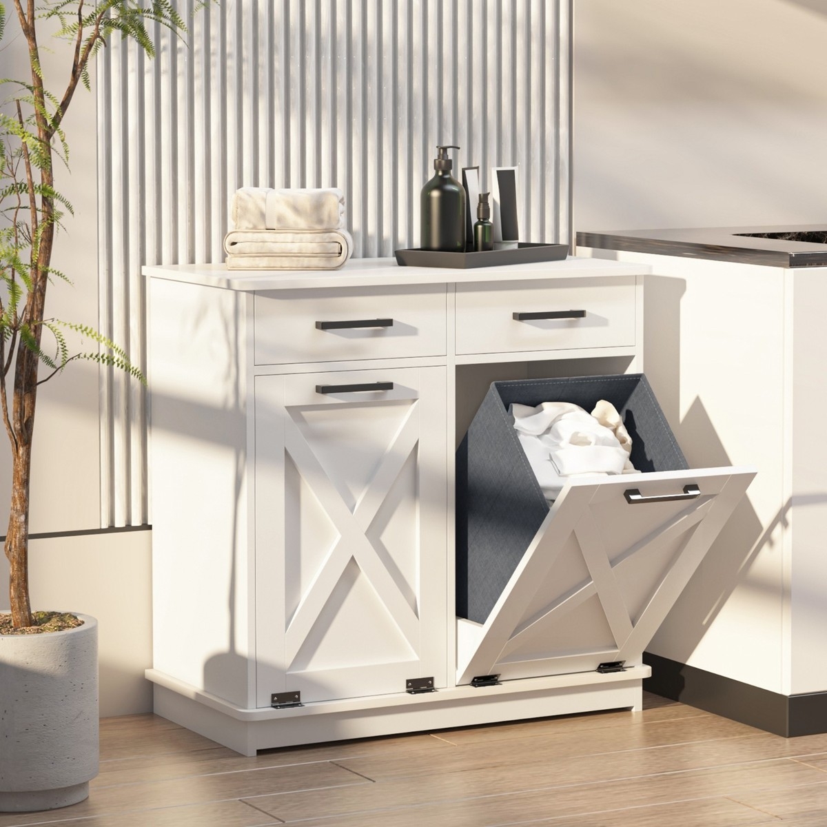 Laundry Hamper Cabinet: X-Panel Doors Dual Bin Sorting Station