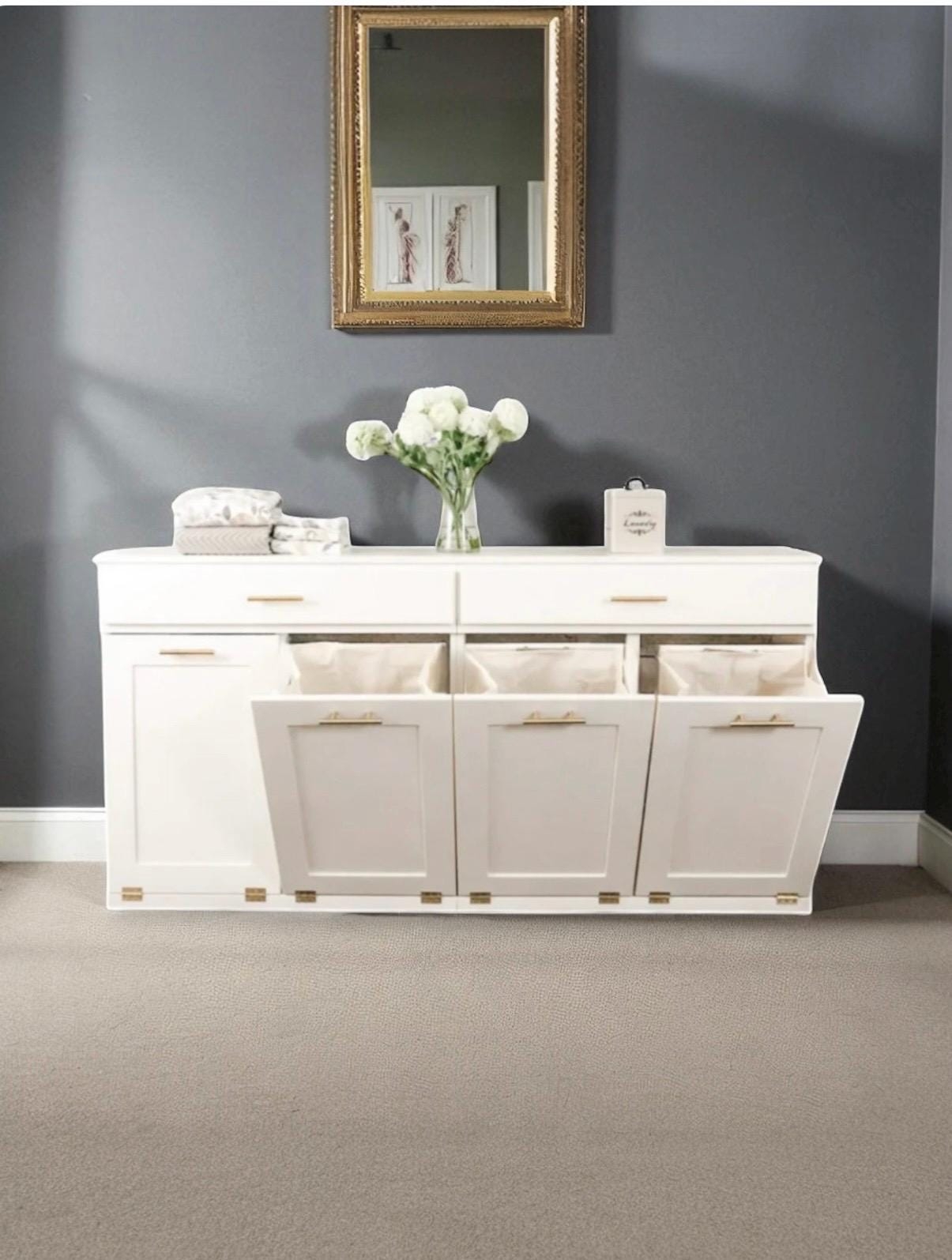 Laundry Hamper: Quad Compartments Gold Hardware Sorter