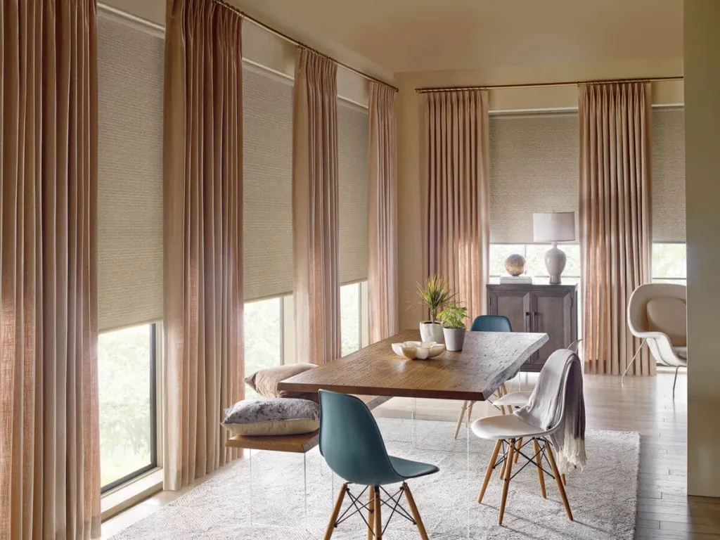 Layered Window Treatments: Dusty Rose Drapes Live Edge Table