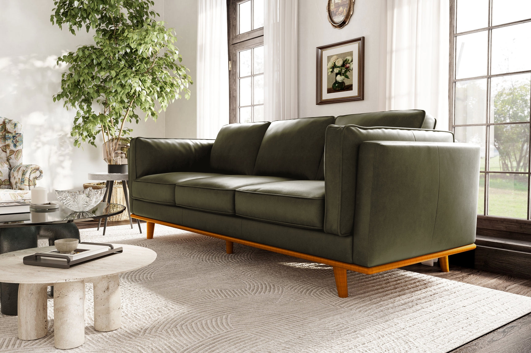Leather-Like Three-Seat Sofa on Wooden Platform Base