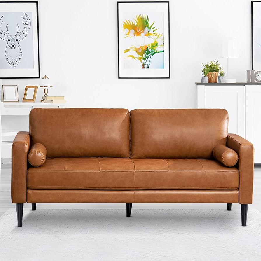 Leather Sofa Cylindrical Bolsters Tan Tapered Legs