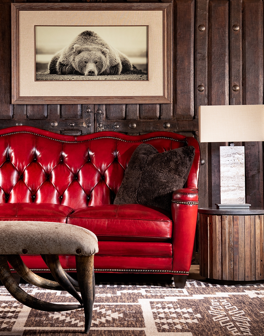 Leather Sofa Dark Red Diamond Tufting Western Living Room Style