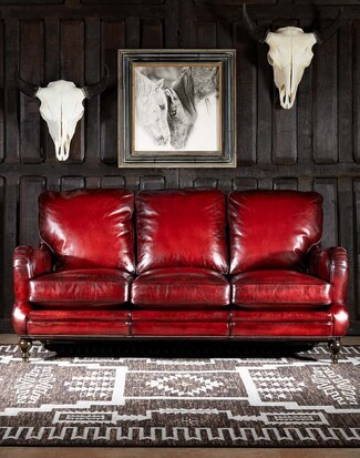 Leather Sofa In Dark Red With English Roll Arm And Nailhead Trim