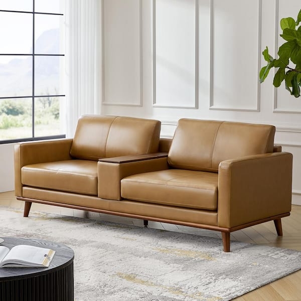 Leather Sofa Integrated Console Camel Leather Seating
