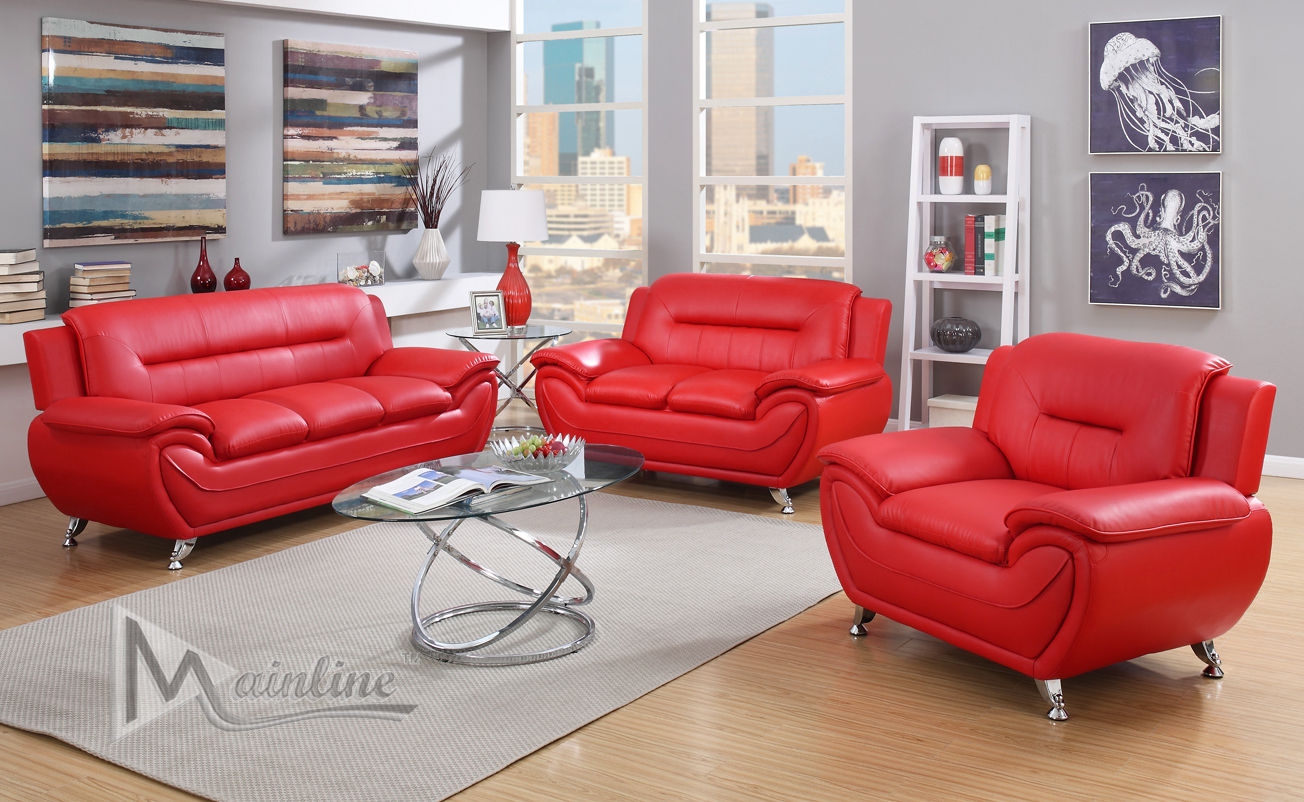 Leather Sofa Set Contemporary Red Seating With Polished Chrome Legs