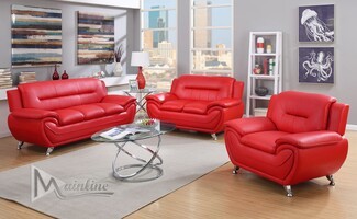 Leather Sofa Set Contemporary Red Seating With Polished Chrome Legs