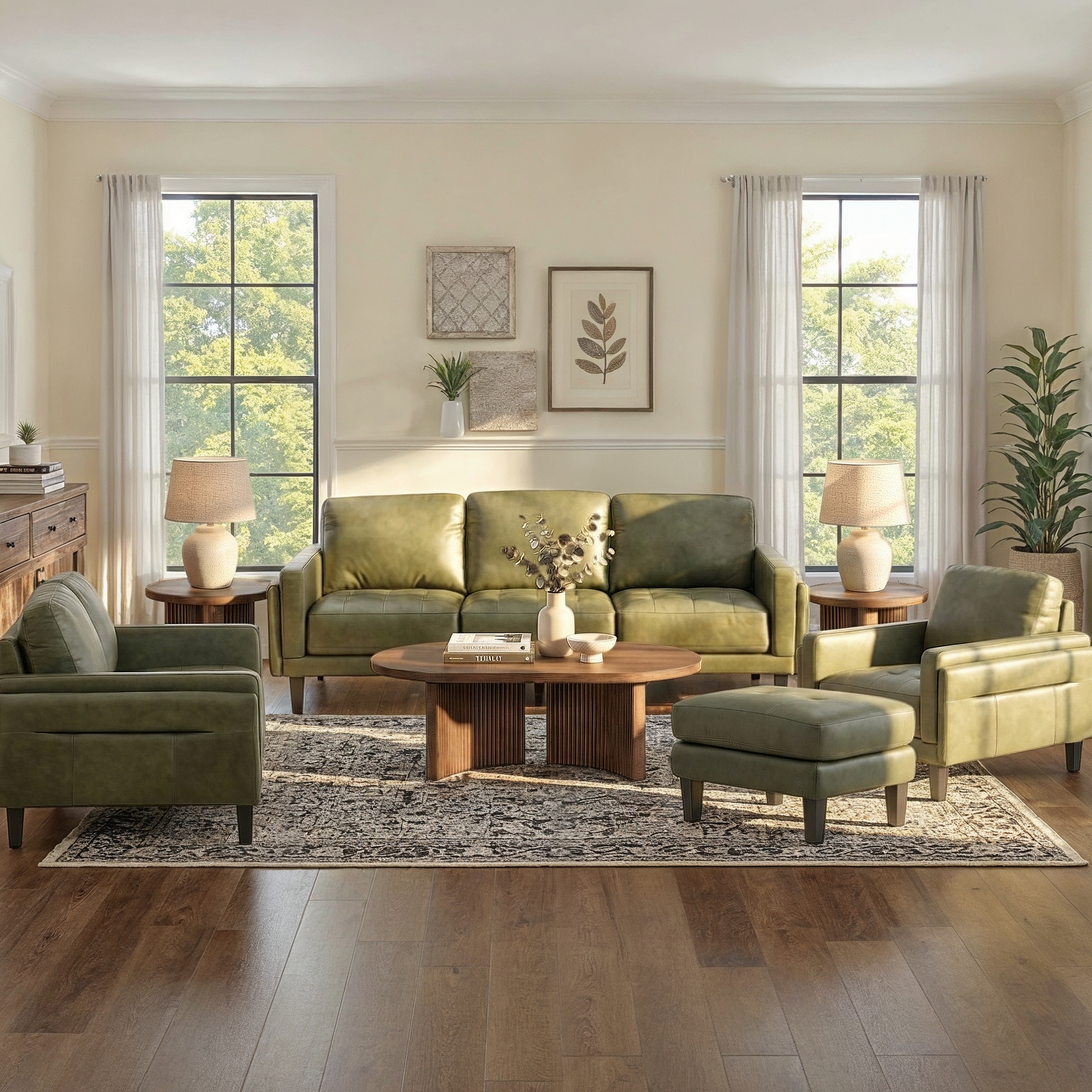 Leather Sofa Set with fluted wood details and olive tone