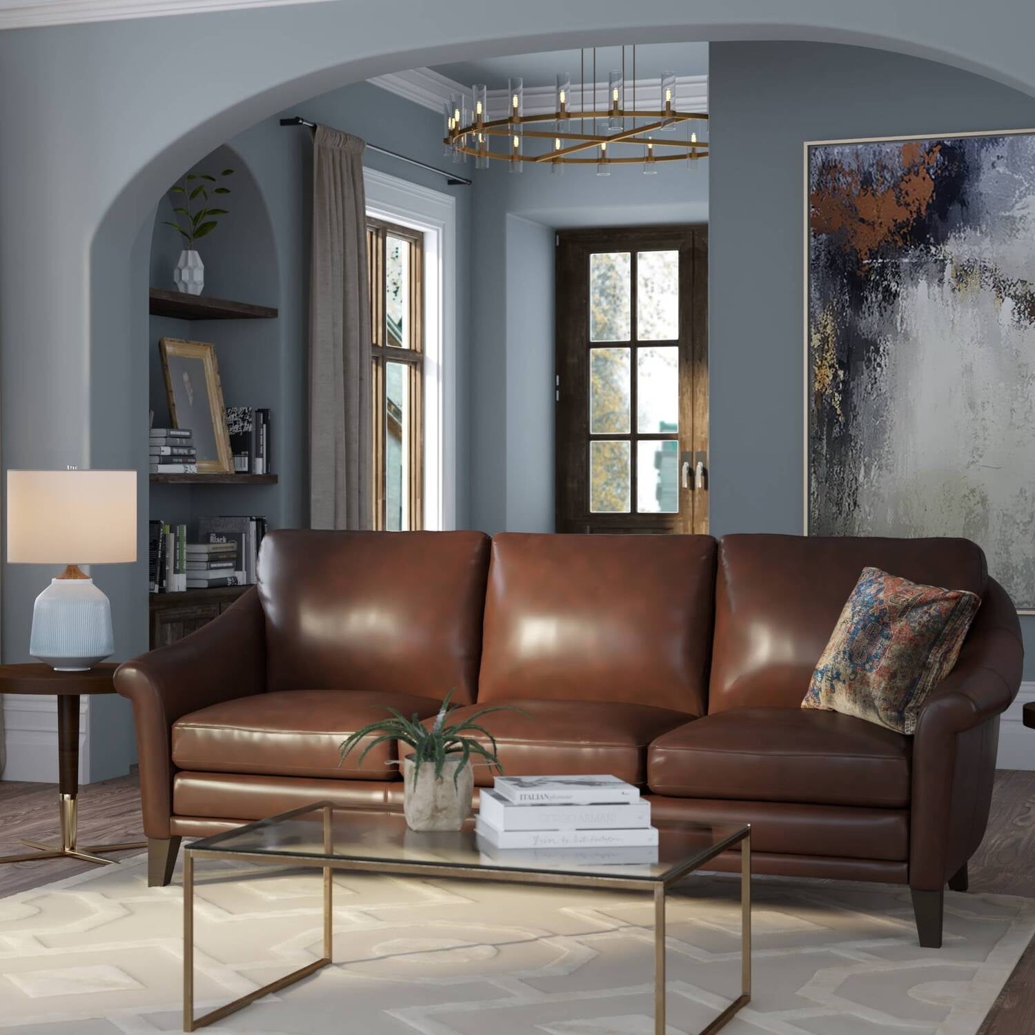 Leather Sofa Sloped Flared Arms Warm Brown Lounge