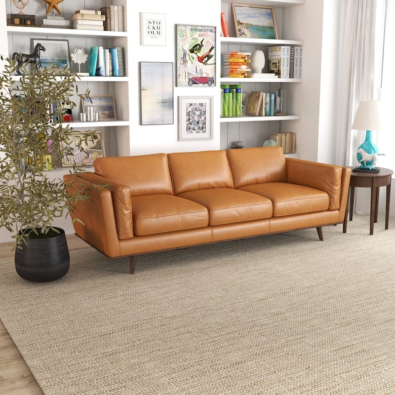 Leather Sofa Tan Leather-Like Tapered Legs Track Arms