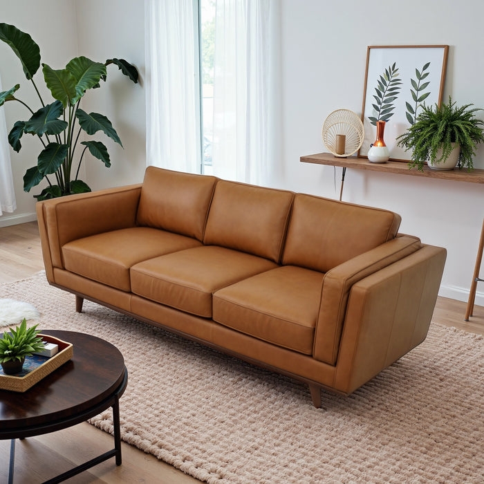 Leather Sofa Three Seater Cognac Tapered Leg Couch