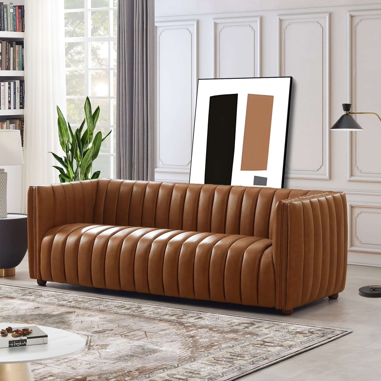 Leather Sofa Tuxedo Arms Vertical Channel Tufted Frame
