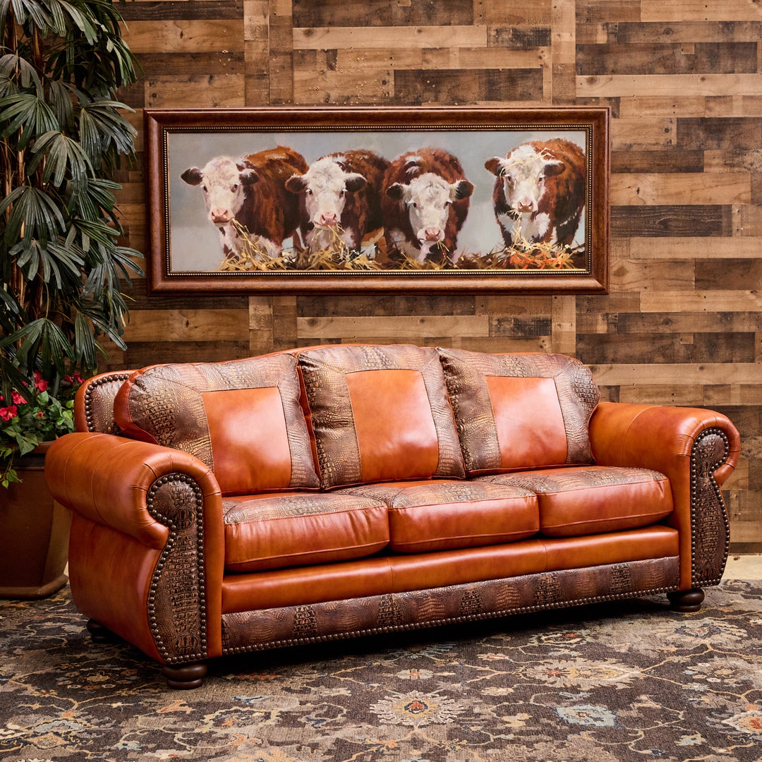 Leather Sofa with Embossed Panels and Western Nailhead Trim Couch