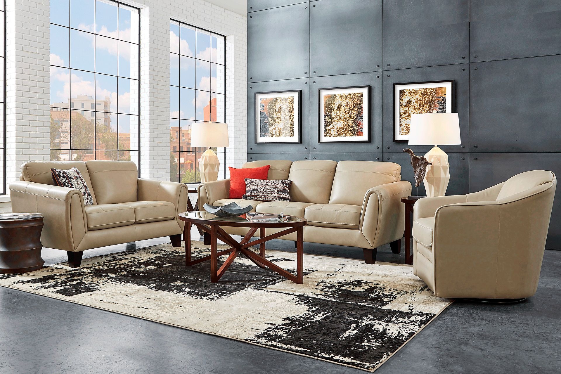 Leather Sofa With Flared Arms: Stone Beige Industrial Seating