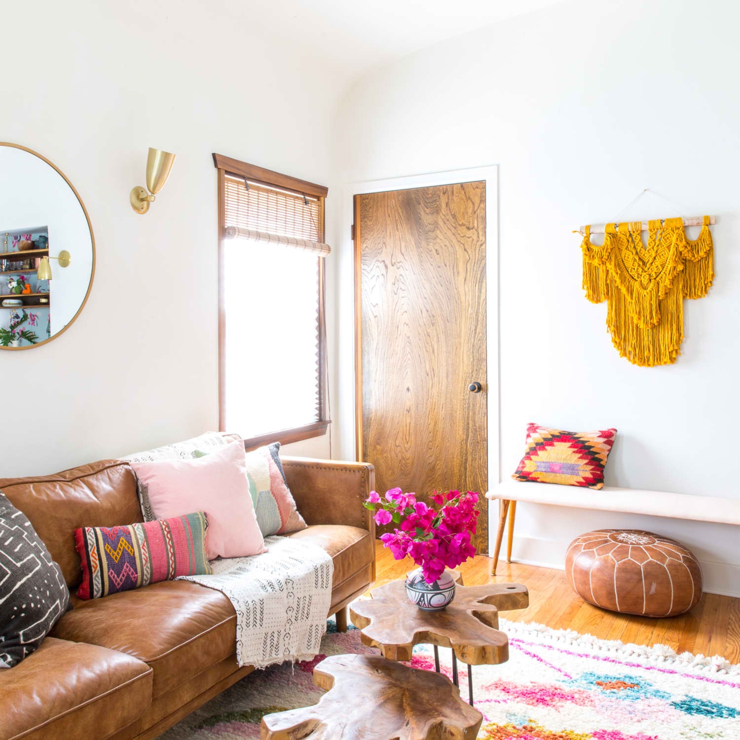 Leather Sofa with Live Edge Tables and Bohemian Living Room Ideas