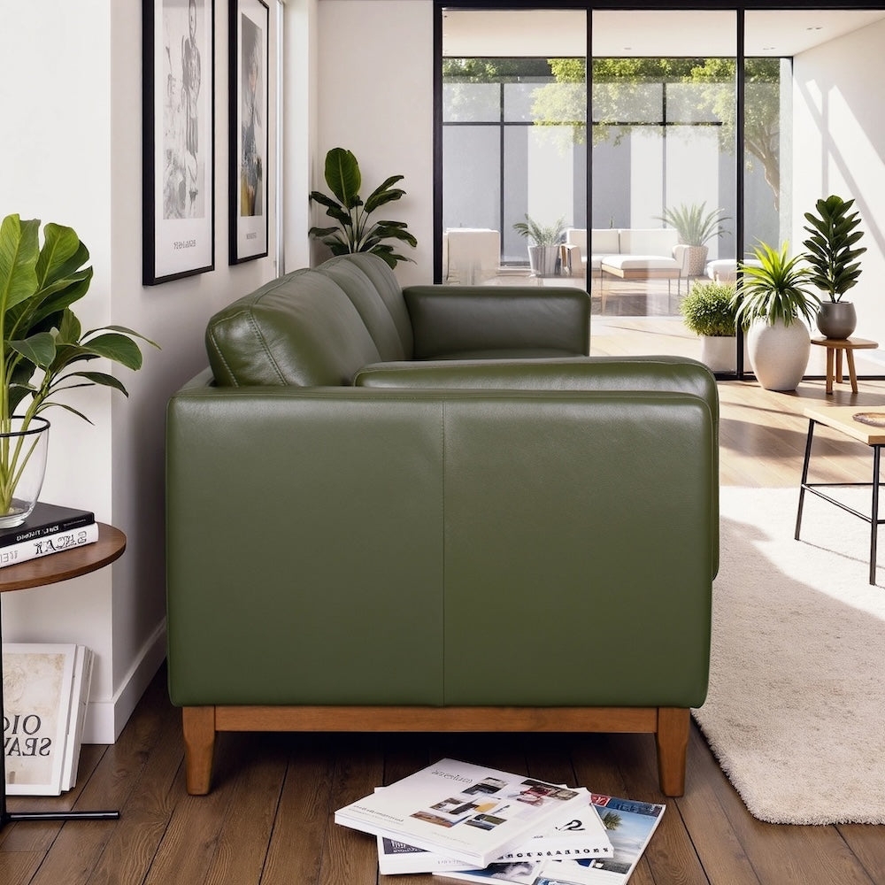 Leather Sofa with olive green square arm profile