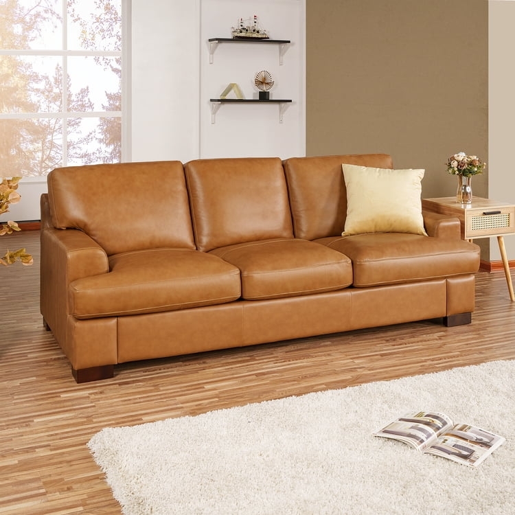Leather Sofa With Square Arm Design: Tan Genuine Leather Couch