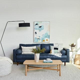 Leather Sofa with Tufted Bench Seat in Oxford Blue
