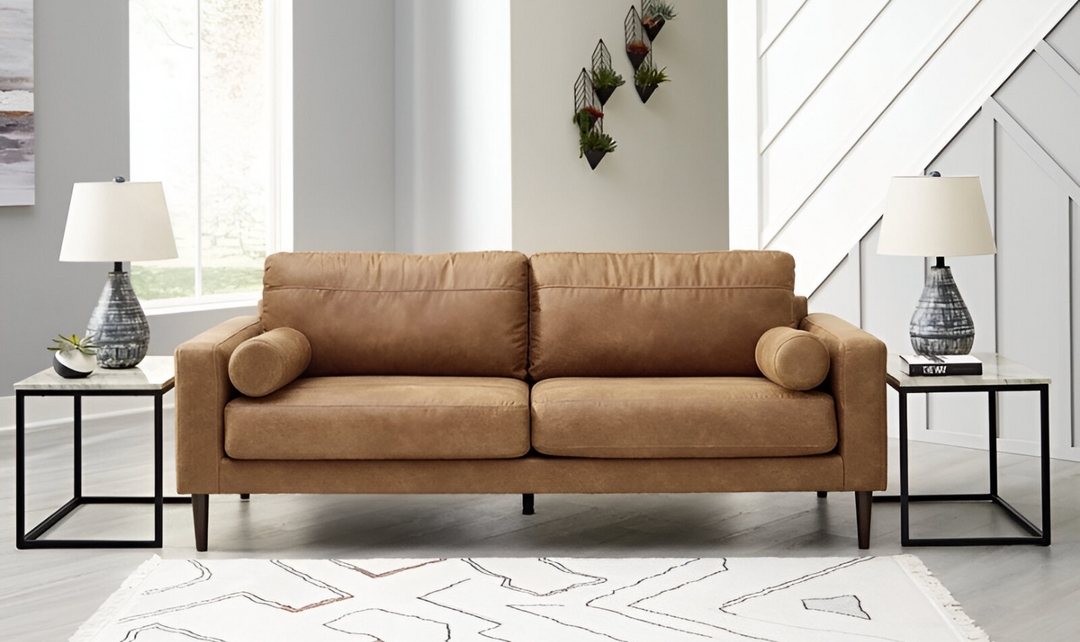Leather Sofa with Two Cushion Seat and Contemporary Tan Seating