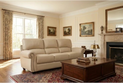 Leather Sofa With Vertical Seaming: Traditional Rolled Arm Style