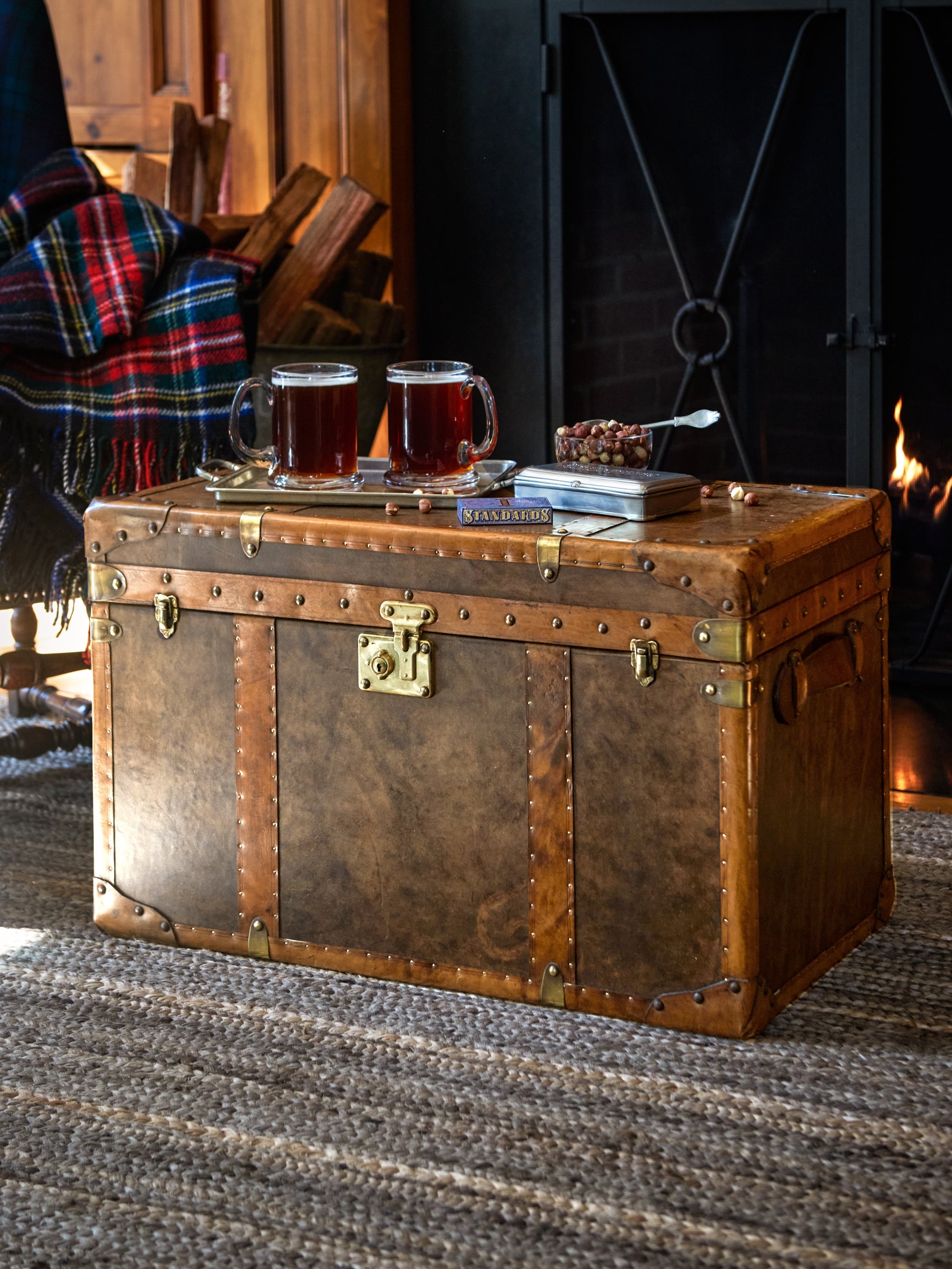 Leather Trunk with Brass Rivets Cognac Leather Table
