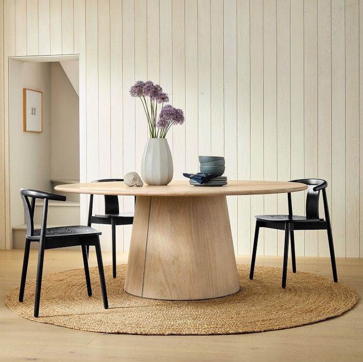 Light Wood Round Dining Table 72 Inch with Modern Conical Pedestal.