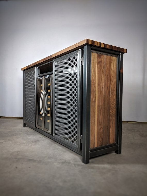 Liquor Cabinet with Expanded Metal Mesh and Wine Fridge