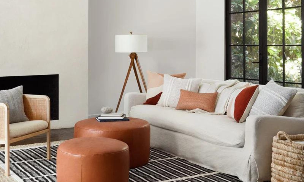 Living Room Furniture with Cognac Ottomans and Rattan Accent Chair