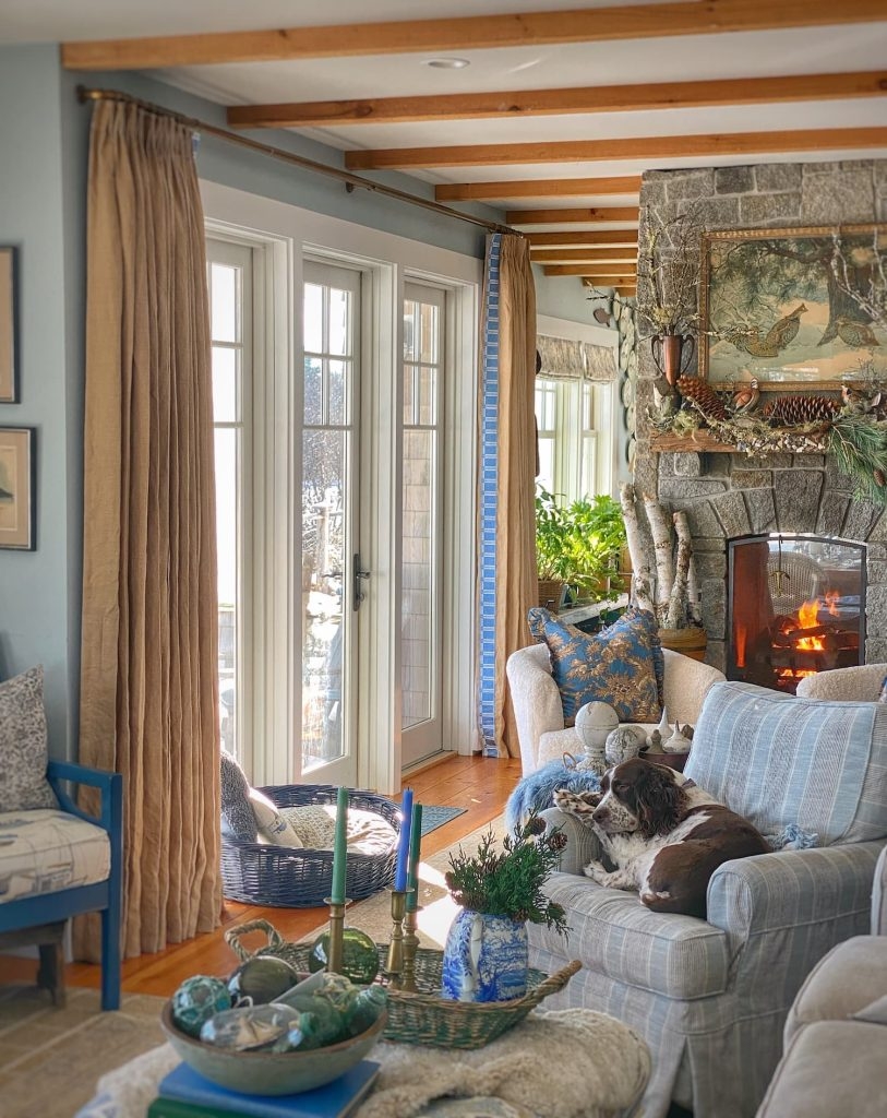 Living Room: Patterned Curtain Border Coastal Cottage Styling