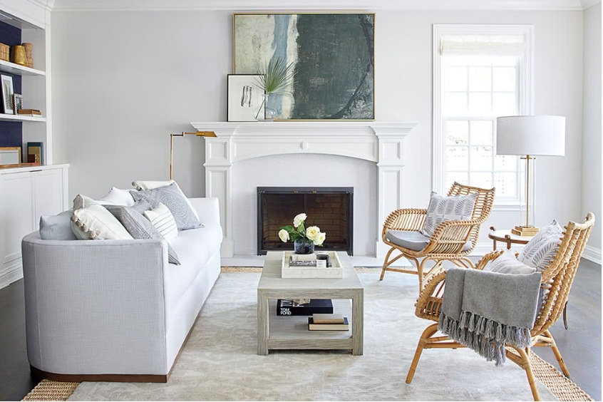 Living Room Set: Curved Sofa Styling with Rattan Seating Accents
