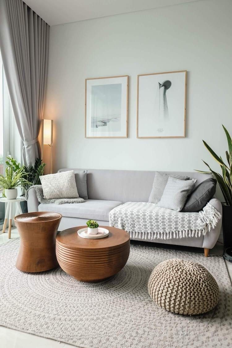Living Room Set featuring Ribbed Wood Coffee Table and Knitted Pouf