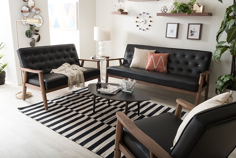 Living Room Set Matte Black Walnut Frame Mid Century Black Leather Set