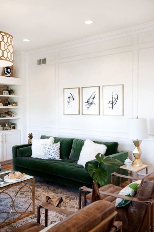 Living Room Set with emerald velvet and leather chairs