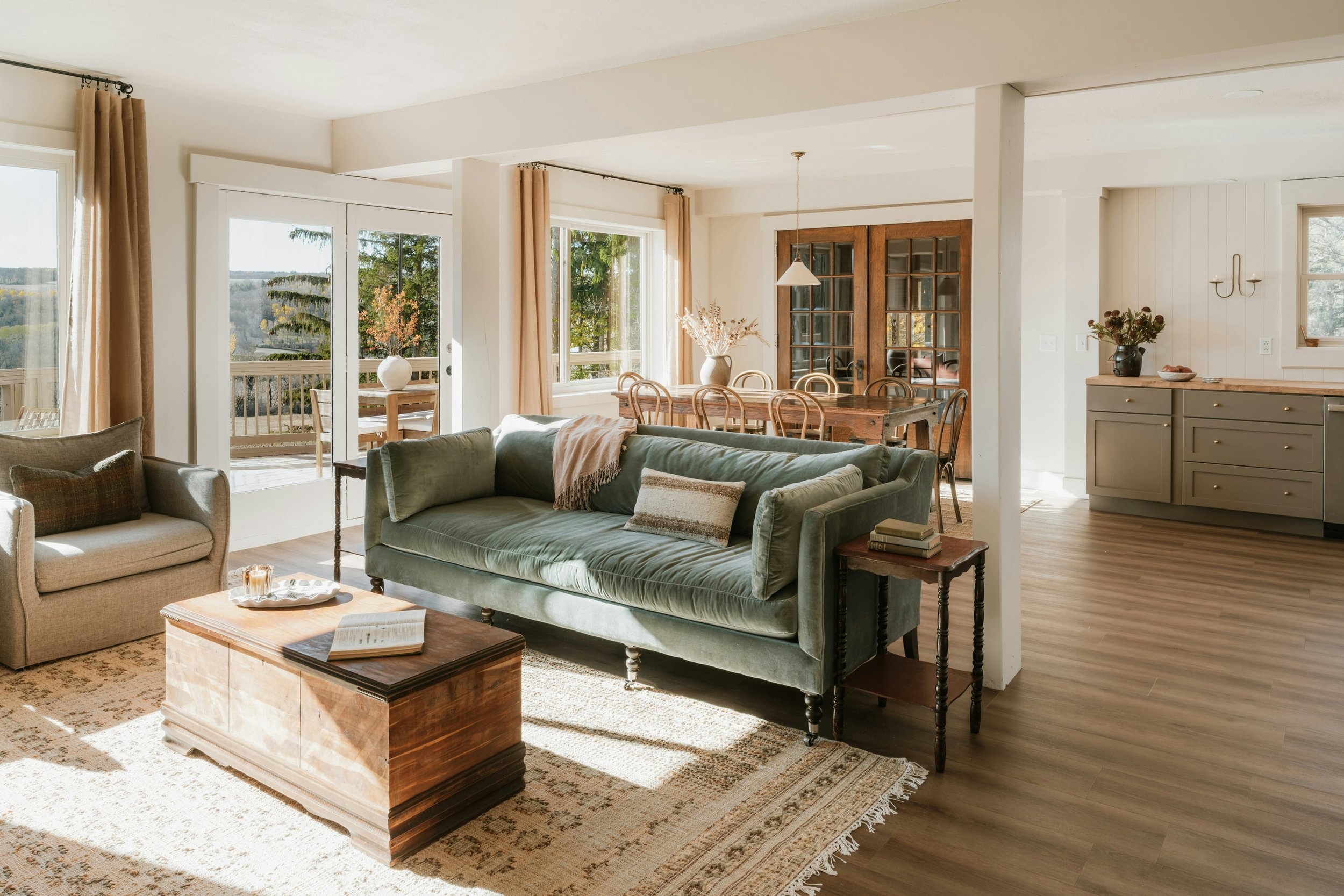 Living Room Set with Sage Green Velvet Sofa and Trunk Coffee Table