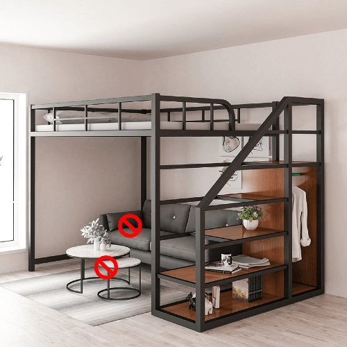Loft Bed: Black Metal Structure with Staircase Storage Unit