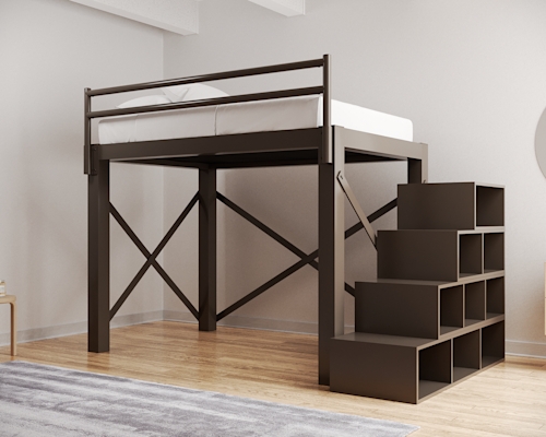 Loft Bed: Bronze Brown Metal with Industrial X Bracing