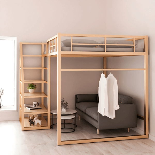 Loft Bed: Champagne Gold Metal with Built-in Clothing Rail