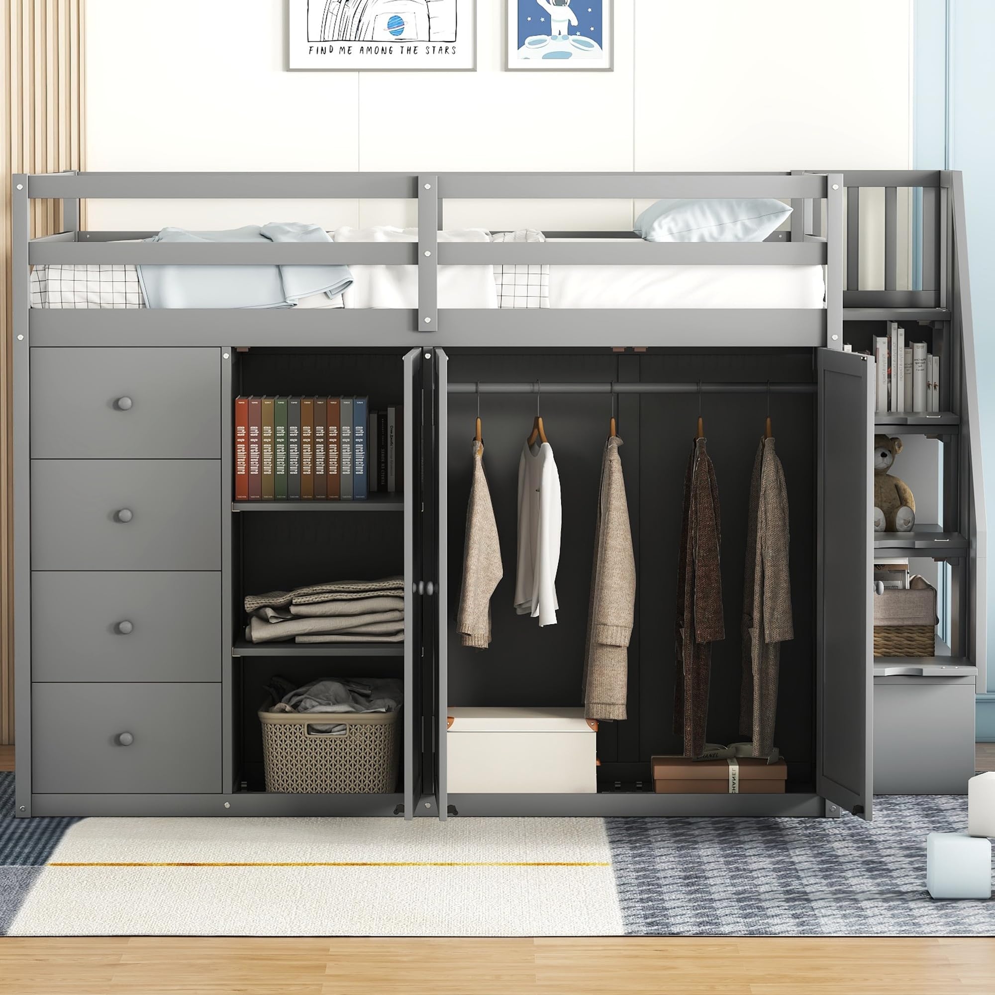 Loft Bed: Cool Grey Finish with Built-in Closet Storage