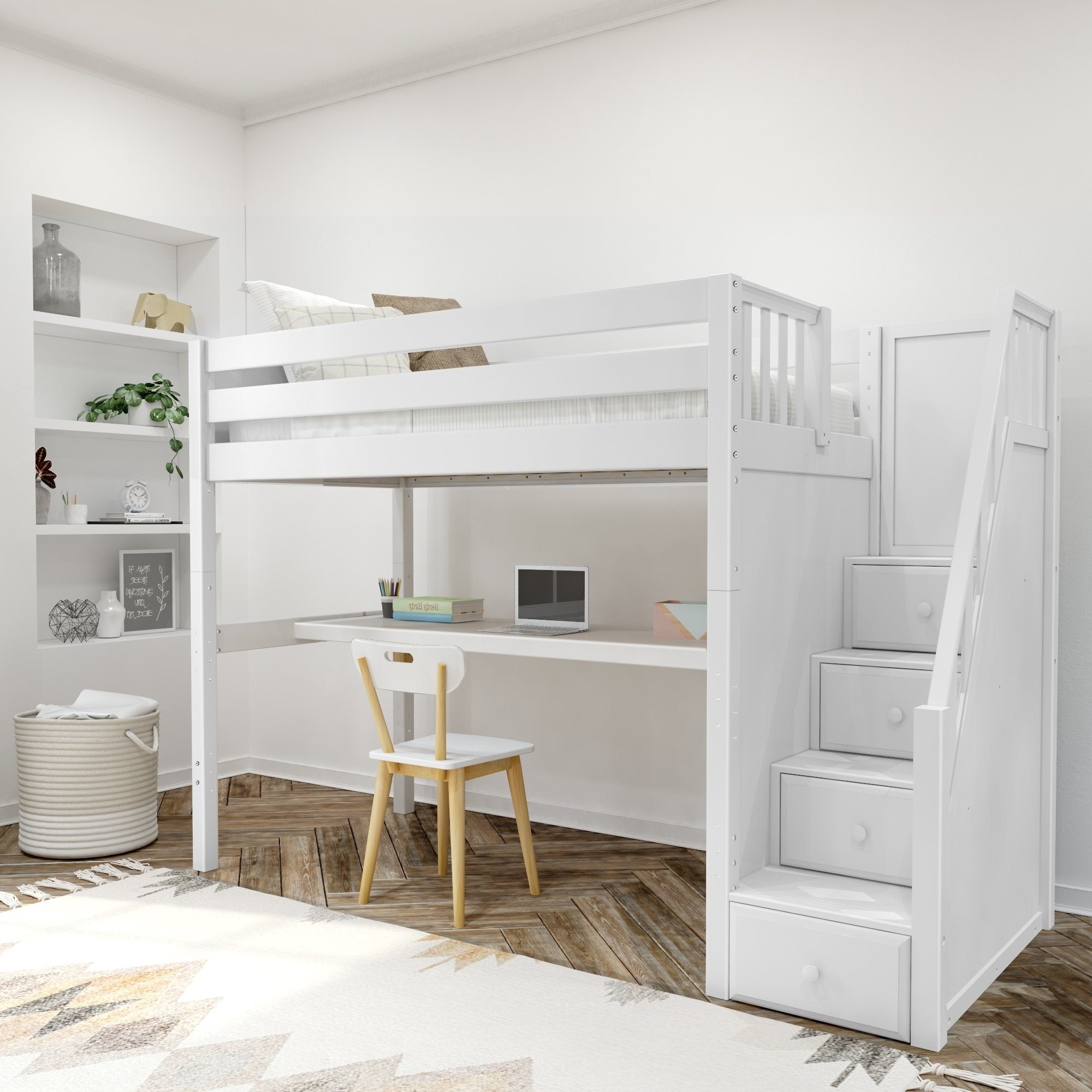Loft Bed: Crisp White Wood with Full Length Study Desk