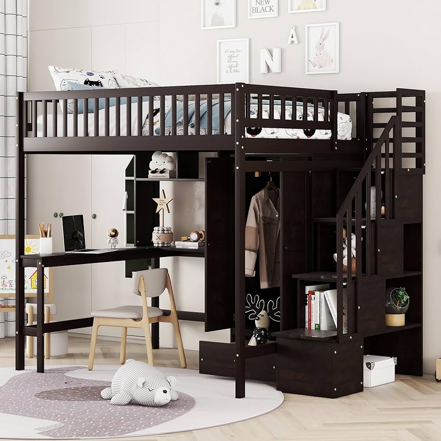 Loft Bed: Dark Espresso Bunk with Storage Stairs and Wardrobe