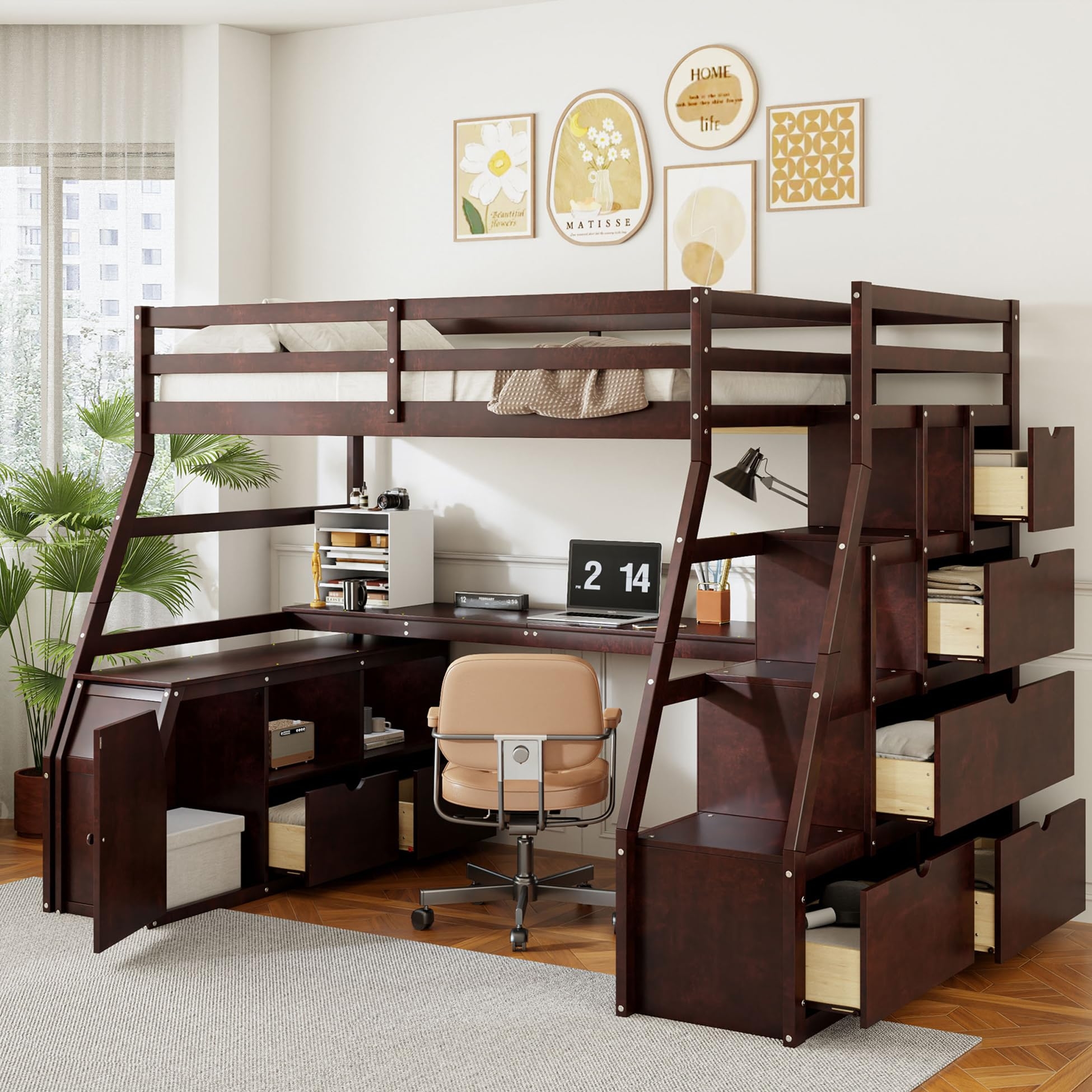 Loft Bed: Espresso Wood with Integrated Desk and Side Drawers