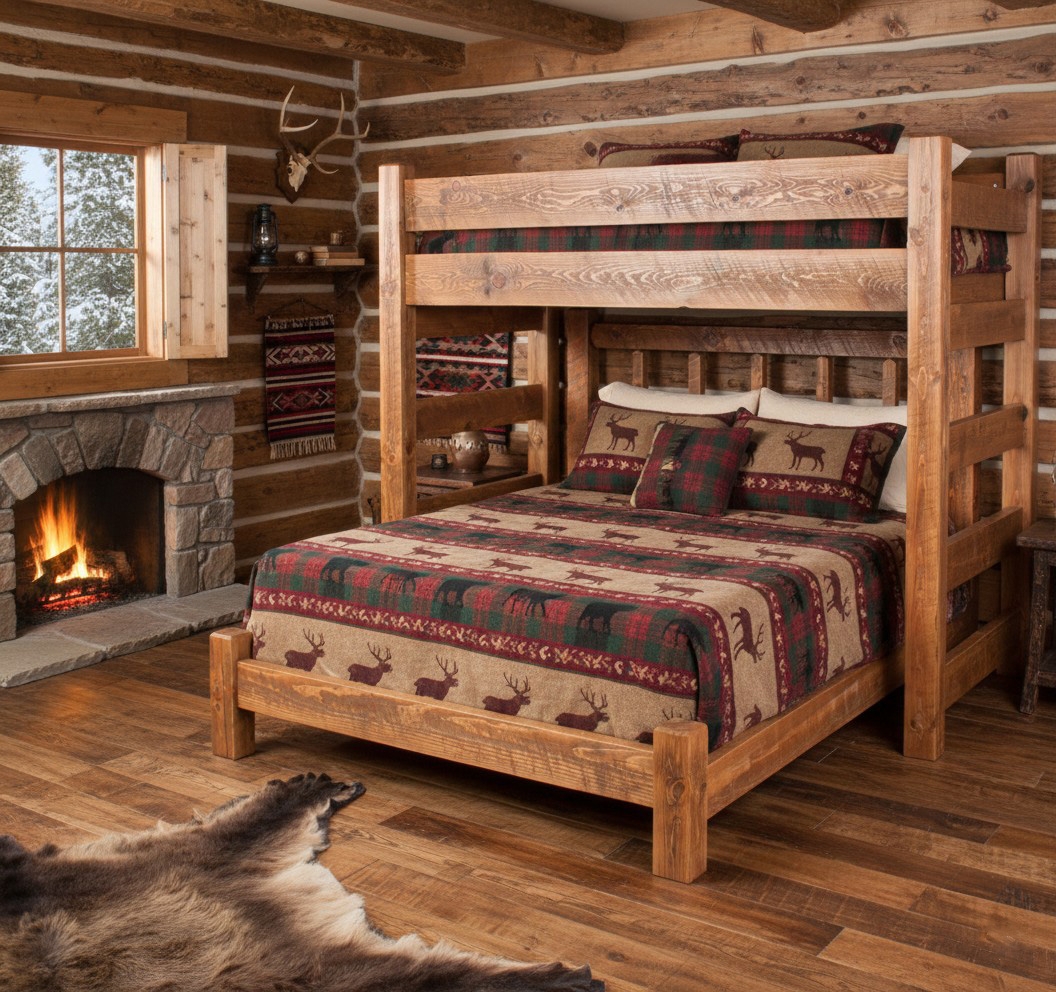 Loft Bed: Honey Brown Barnwood Texture Twin Over Queen