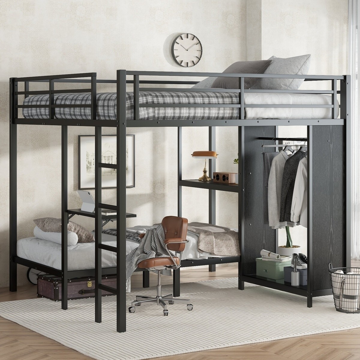 Loft Bed Integrated Wardrobe King Over Twin XL Black